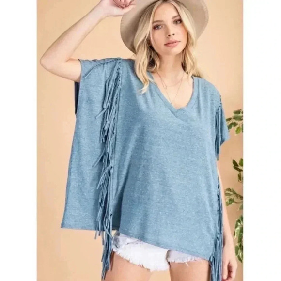 Heather Blue Tee with Fringe - Picture 3 of 9